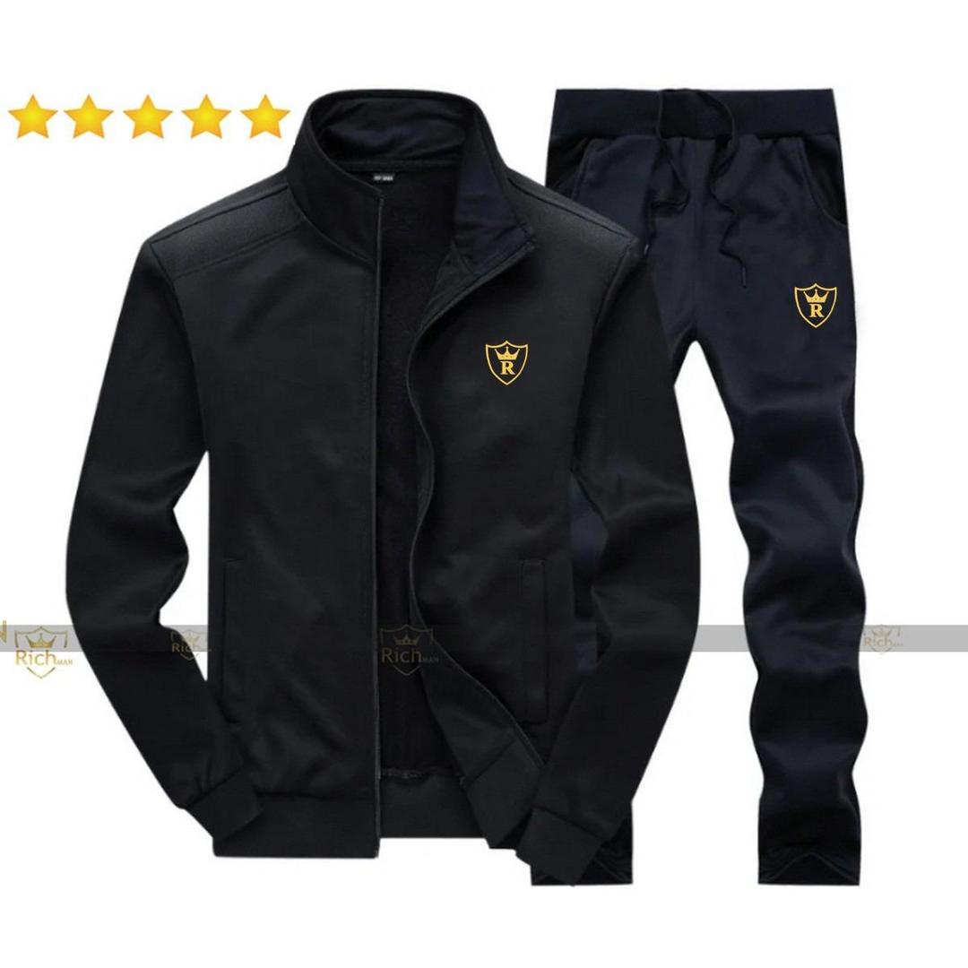 Men's Fleece Track Suit -2 Pcs - Black - Plain Collar Desing
