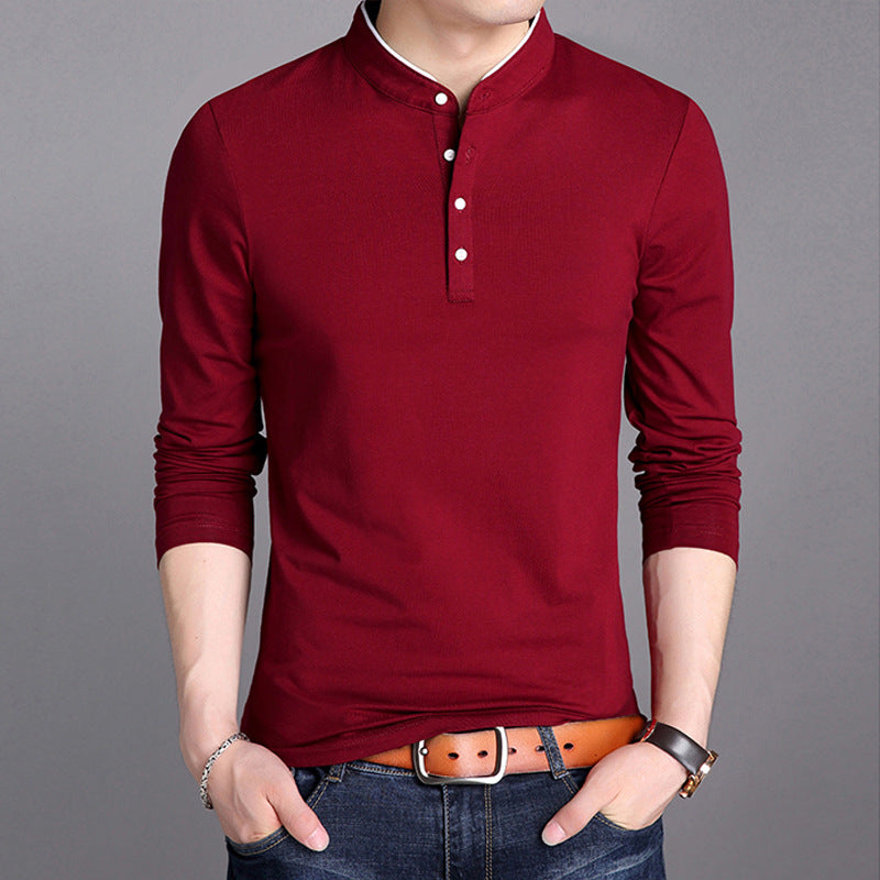 [Spot] Cotton Men's stand collar long sleeve T-shirt Korean fashion men's long sleeve T-shirt