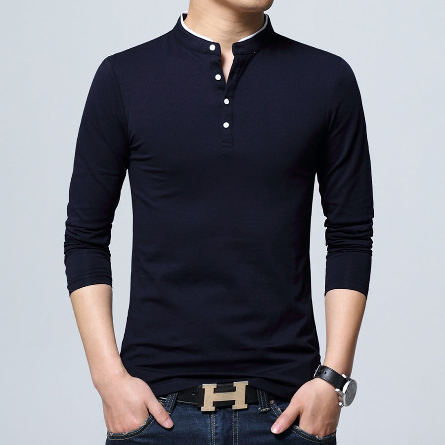 [Spot] Cotton Men's stand collar long sleeve T-shirt Korean fashion men's long sleeve T-shirt