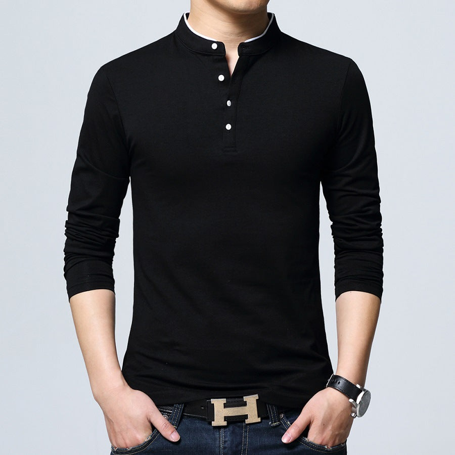 [Spot] Cotton Men's stand collar long sleeve T-shirt Korean fashion men's long sleeve T-shirt